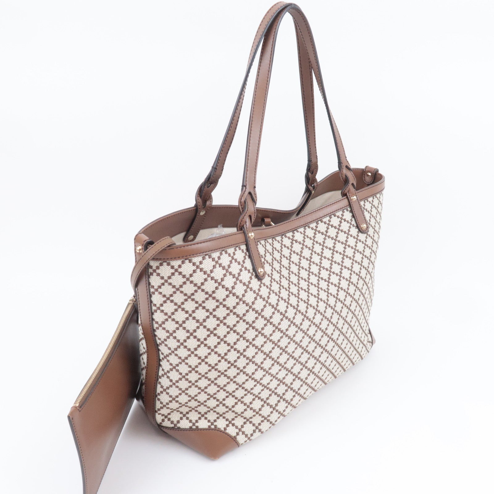 GUCCI Diamante Canvas Leather Tote Bag Beige Brown 247209