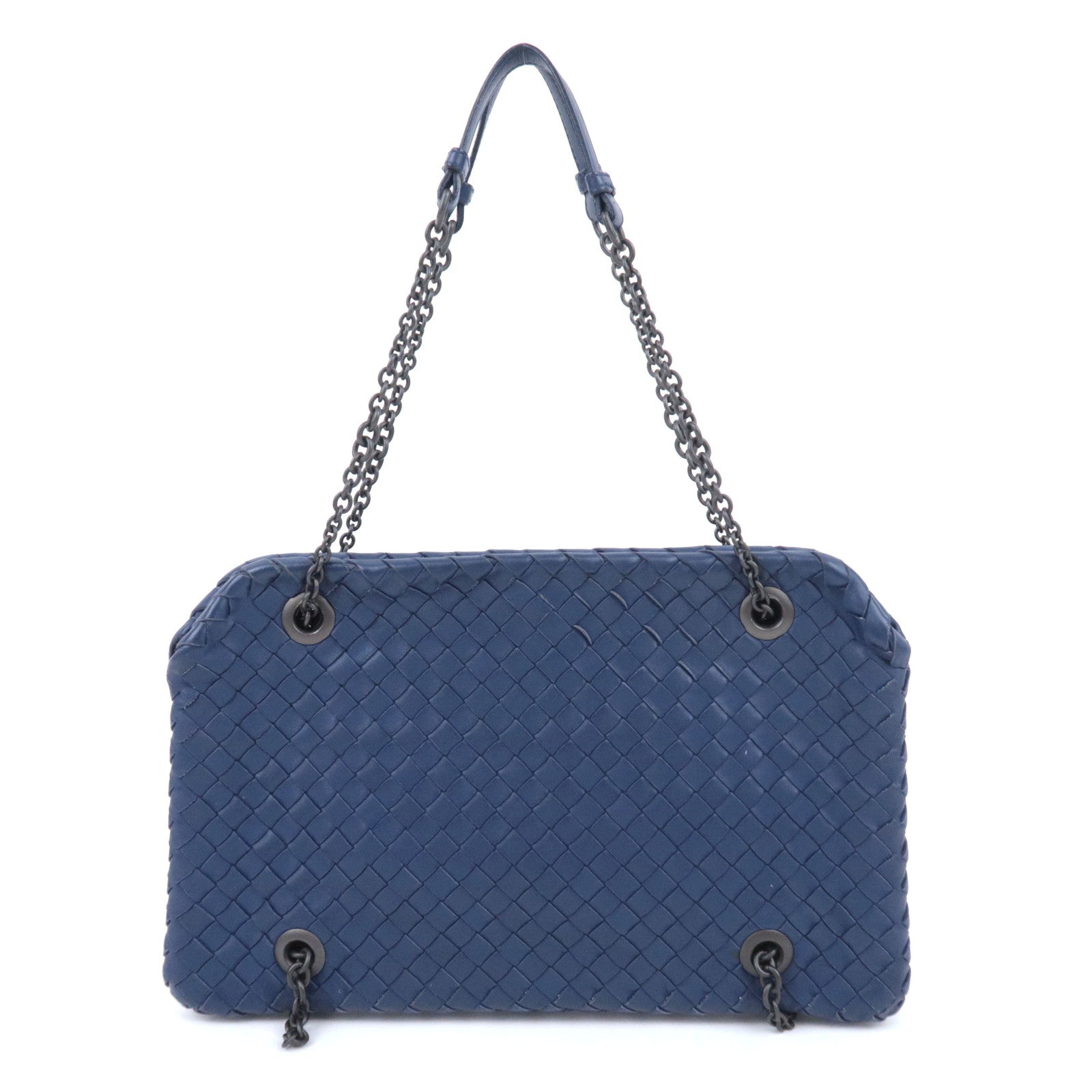 BOTTEGA VENETA Intrecciato Leather Chain Shoulder Bag Navy