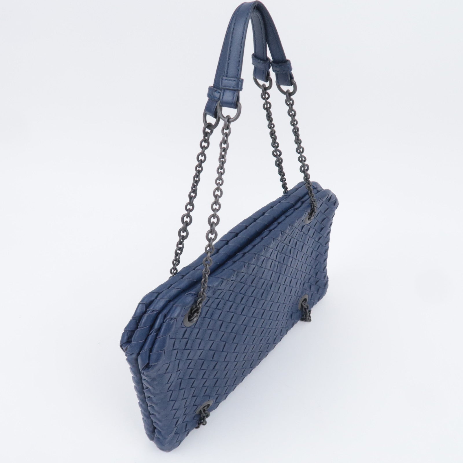 BOTTEGA VENETA Intrecciato Leather Chain Shoulder Bag Navy