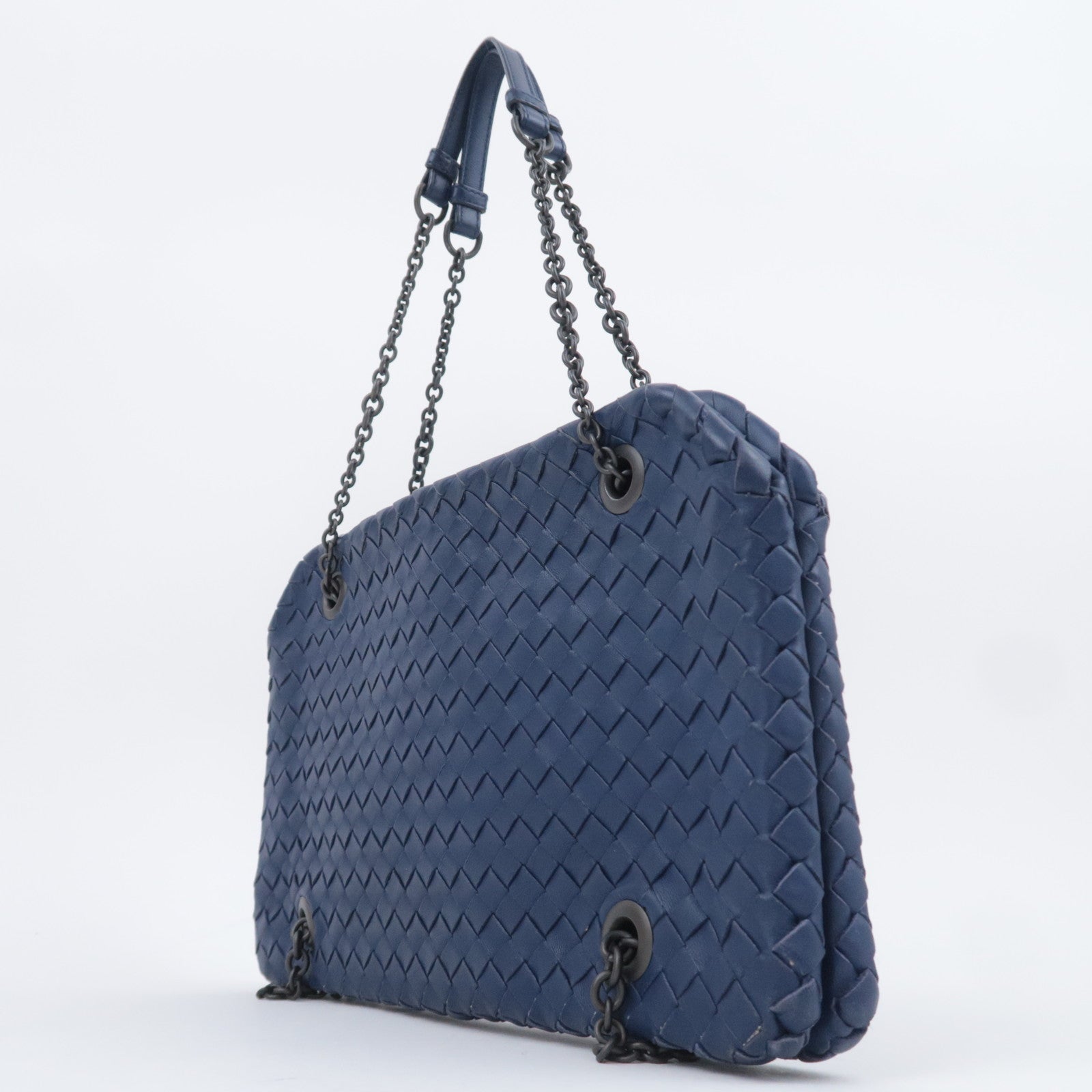 BOTTEGA VENETA Intrecciato Leather Chain Shoulder Bag Navy