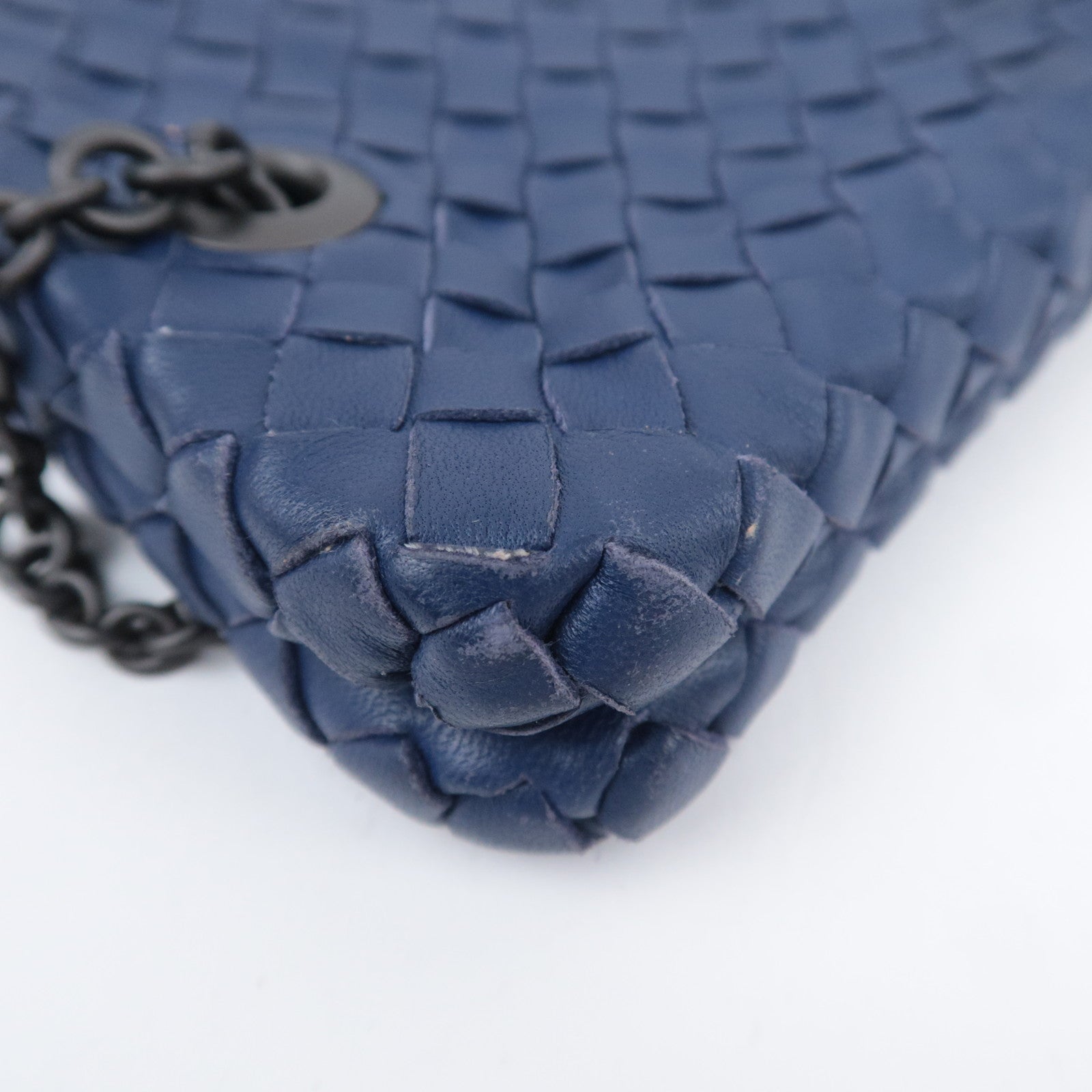 BOTTEGA VENETA Intrecciato Leather Chain Shoulder Bag Navy