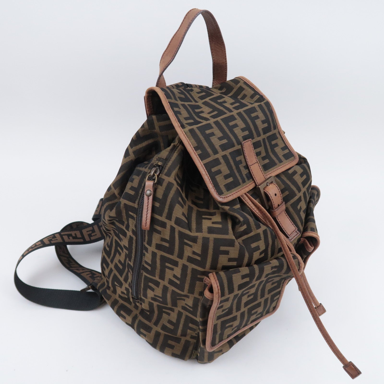 FENDI Zucca Backpack Canvas Leather Khaki 7VZ001