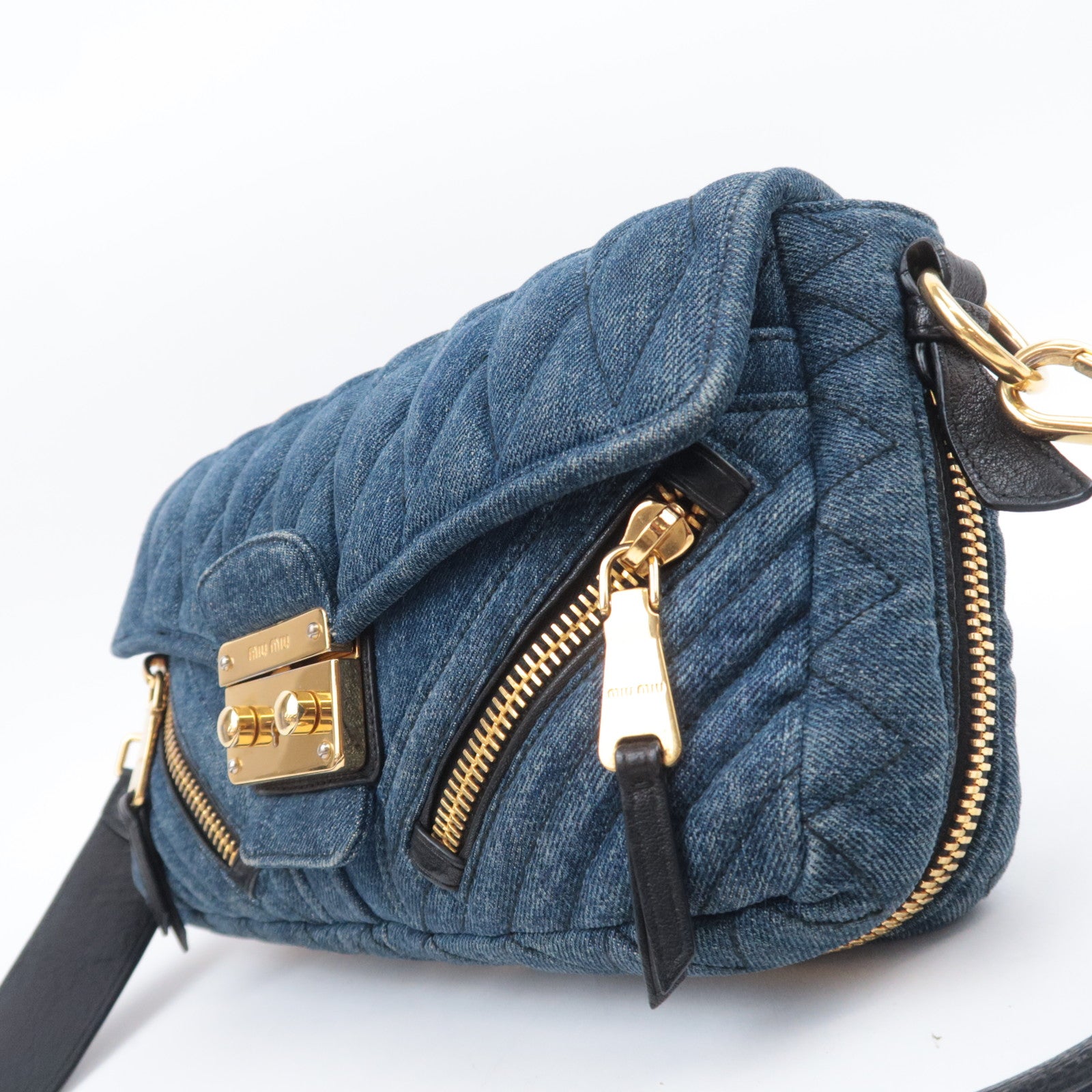 MIU MIU Biker Shoulder Bag Denim Leather Navy