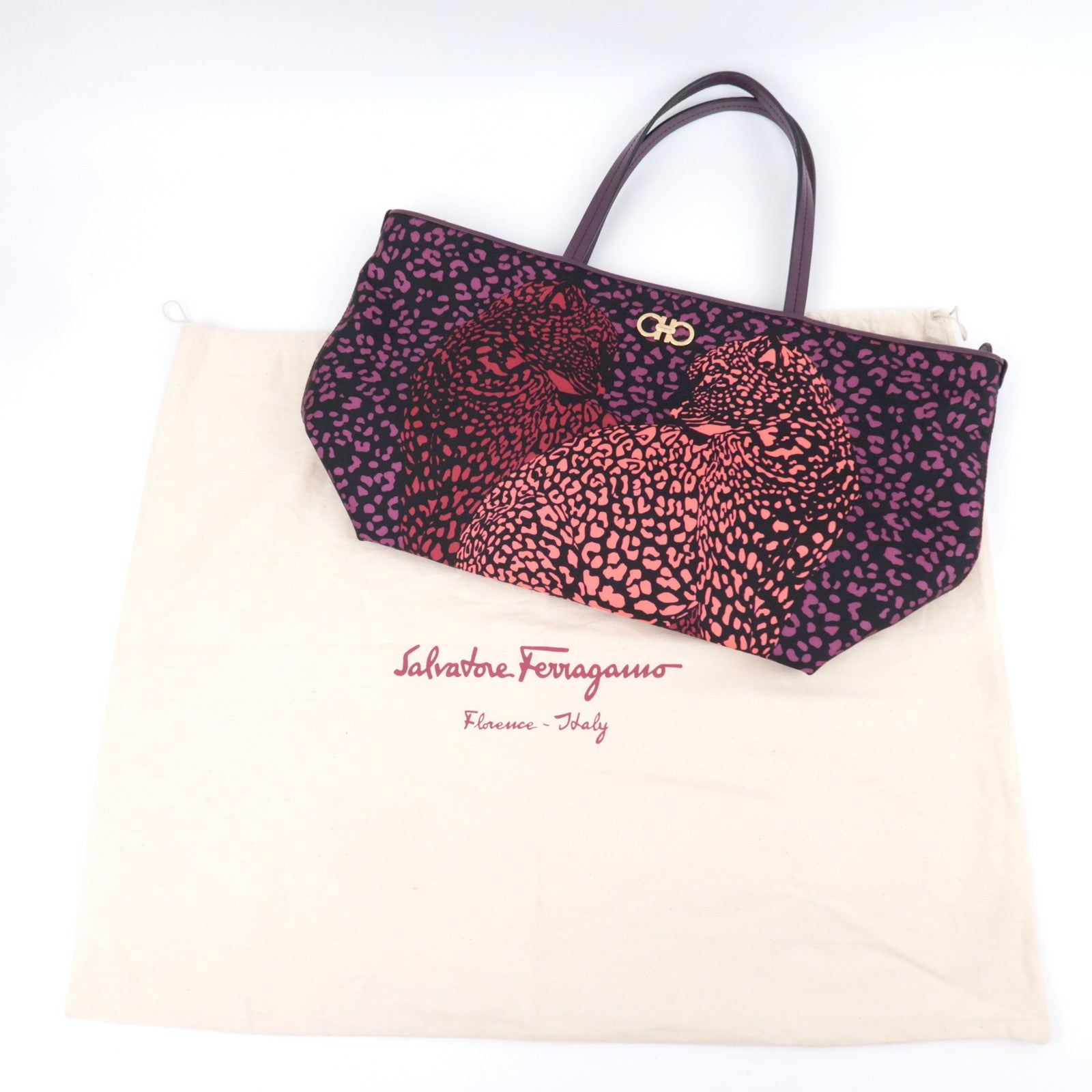 Salvatore Ferragamo Gancini Leopard Nylon Tote Bag Purple Black