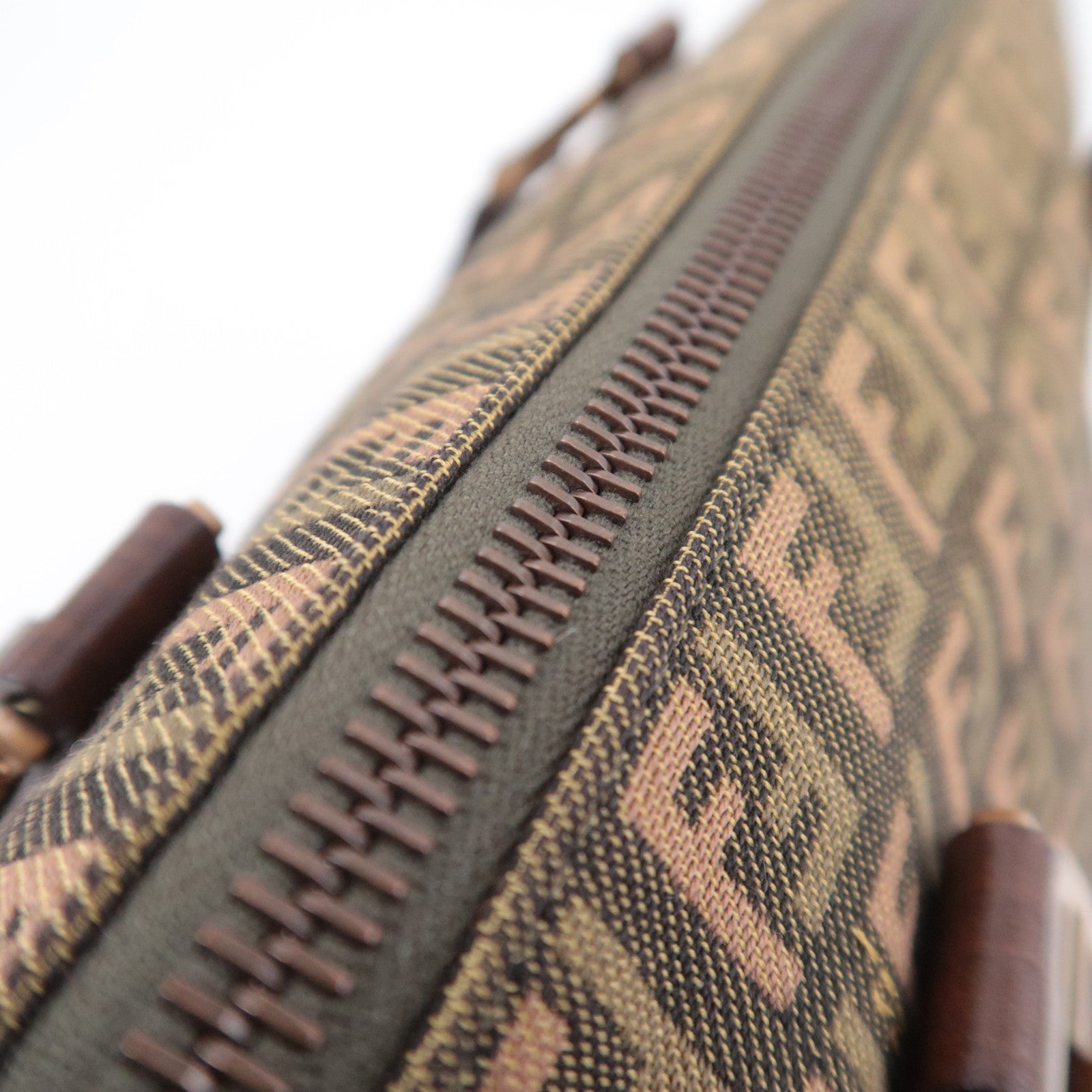 FENDI Zucchino Canvas Leather Handbag Khaki Brown 8BH138