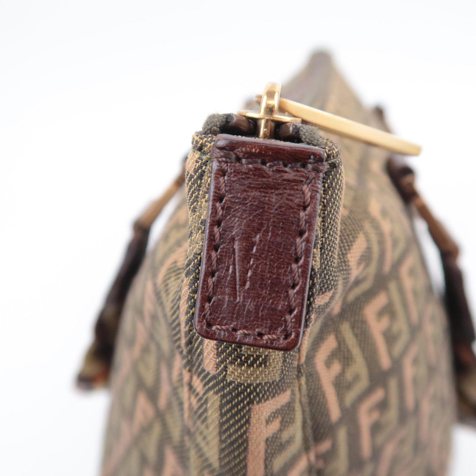 FENDI Zucchino Canvas Leather Handbag Khaki Brown 8BH138