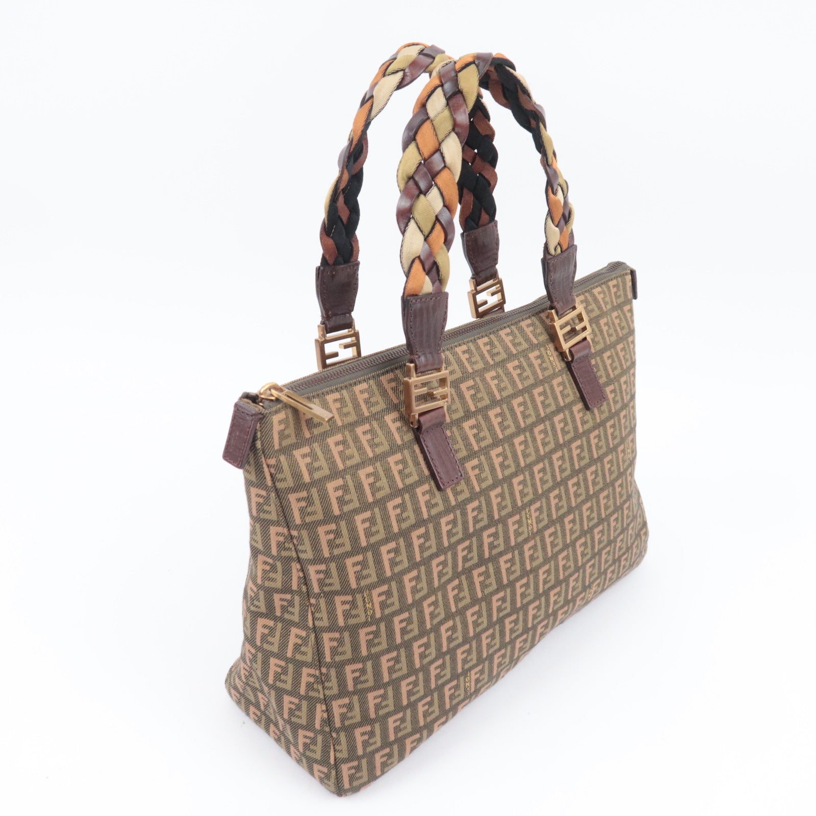 FENDI Zucchino Canvas Leather Handbag Khaki Brown 8BH138