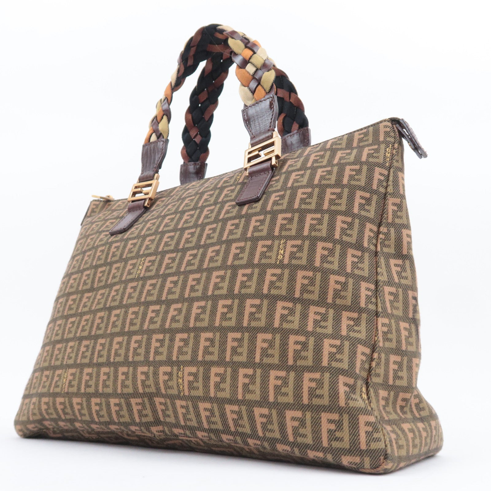 FENDI Zucchino Canvas Leather Handbag Khaki Brown 8BH138