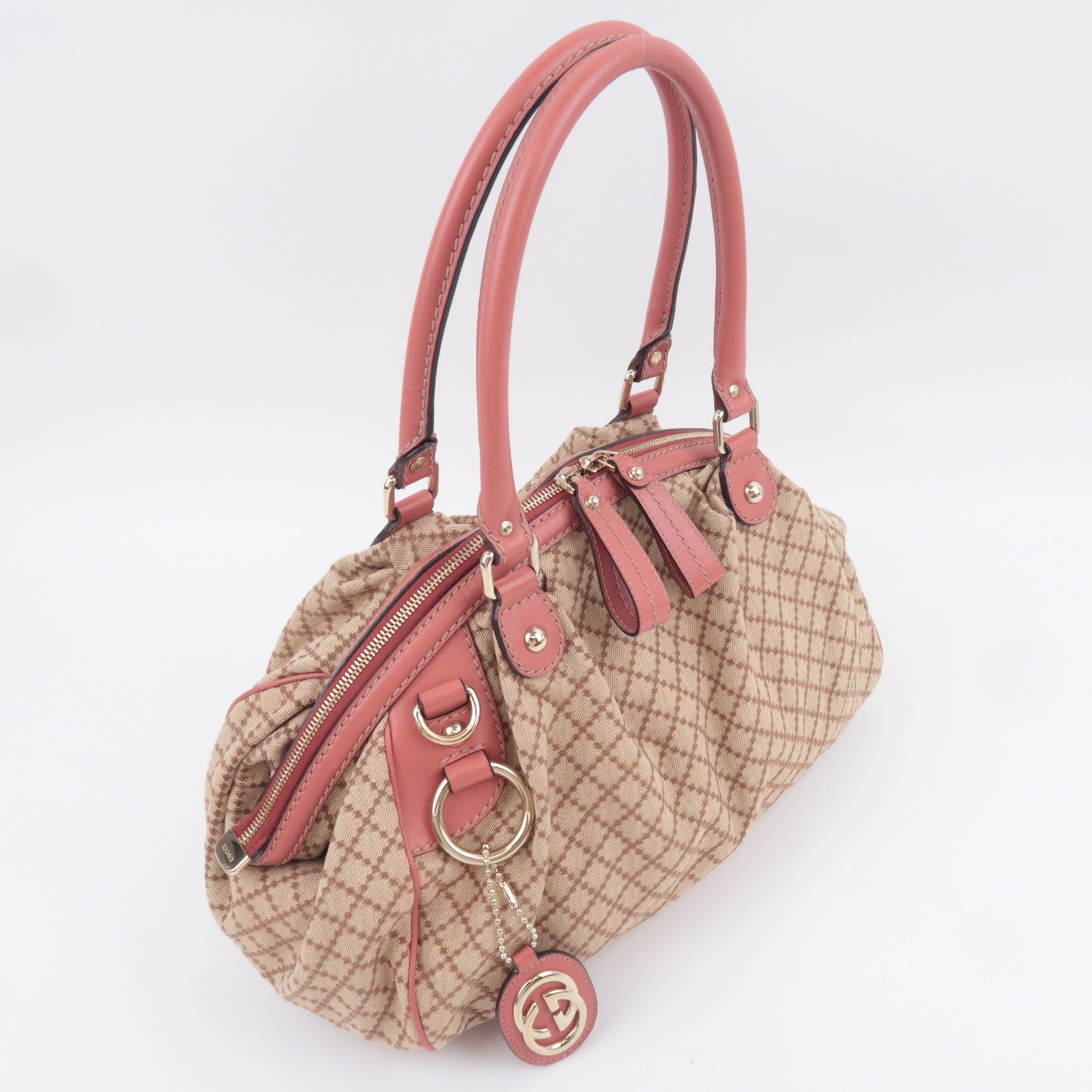 GUCCI Sukey Diamante Canvas Shoulder Bag Beige Pink 223974