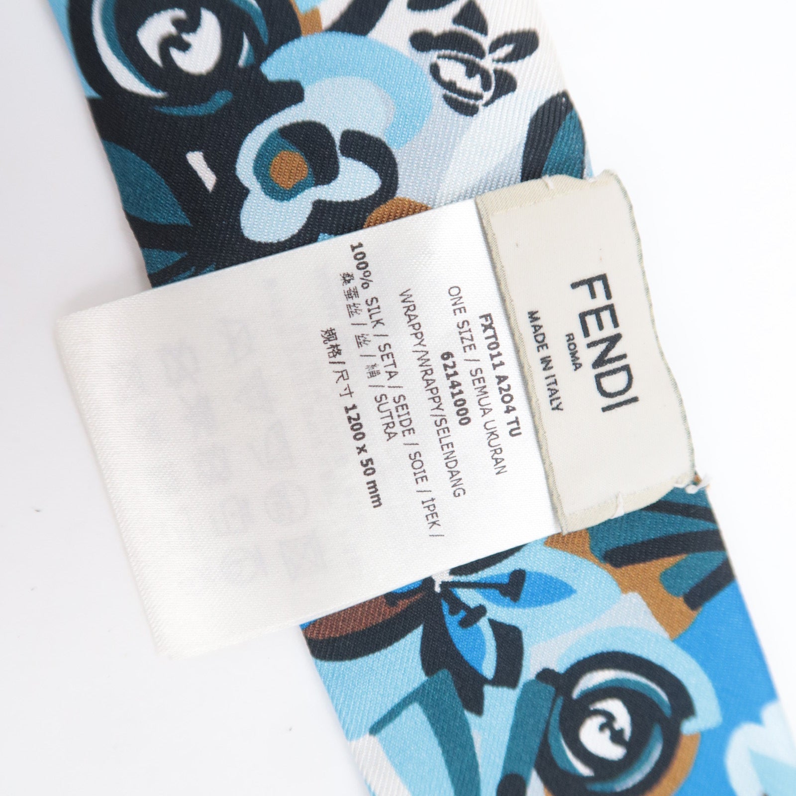 FENDI Wrappy Scarf Flower Print 100% Silk Blue