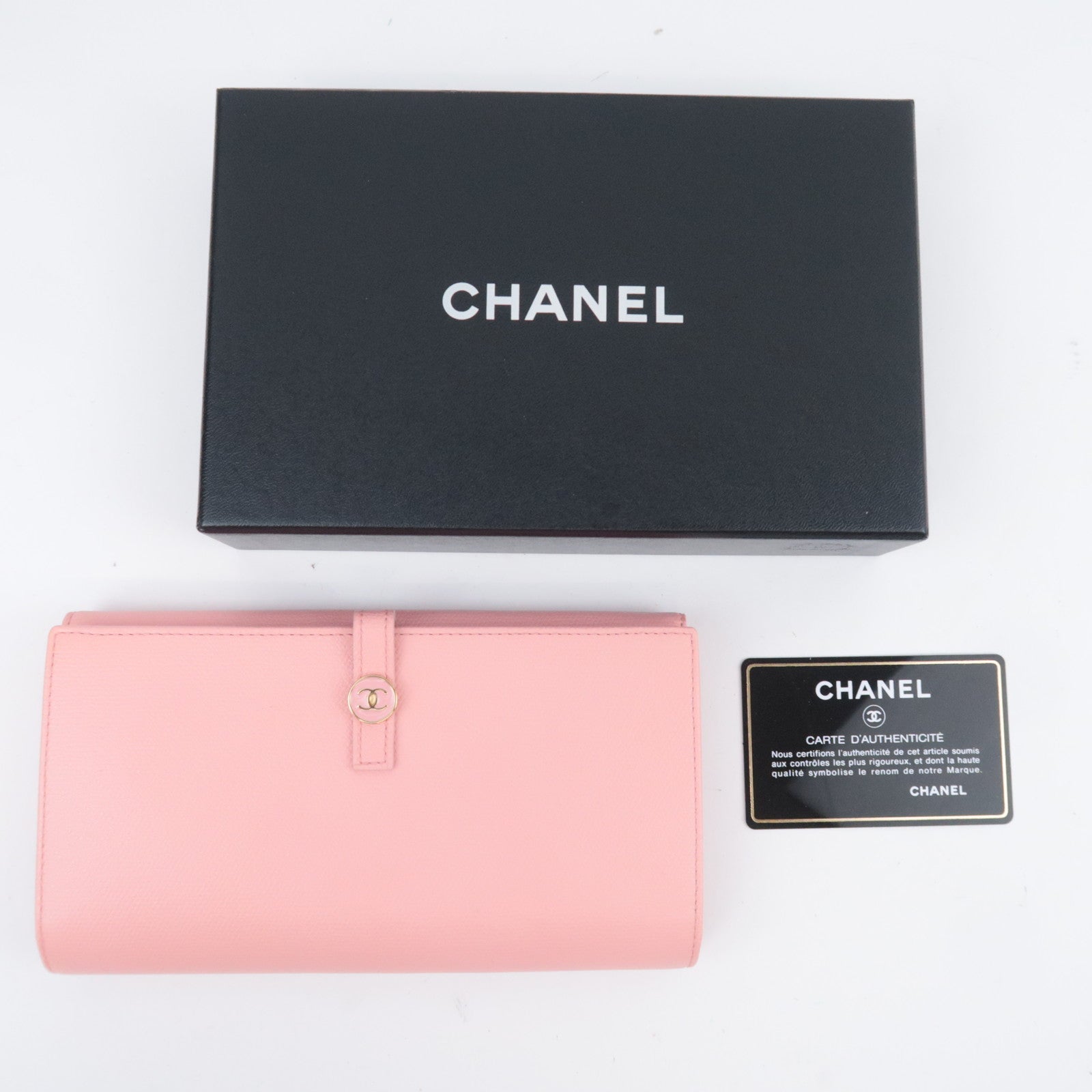 CHANEL Coco Button Leather Long Wallet Pink