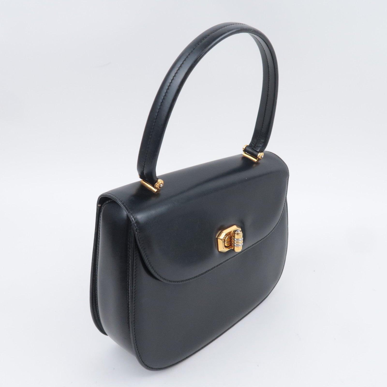 GUCCI Old Gucci Turnlock Leather Handbag Black 000.46.0164