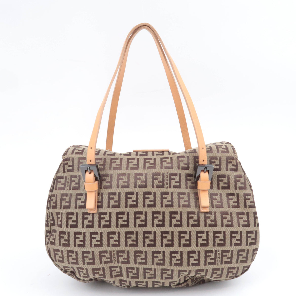 FENDI Zucchino Canvas Leather Handbag Beige