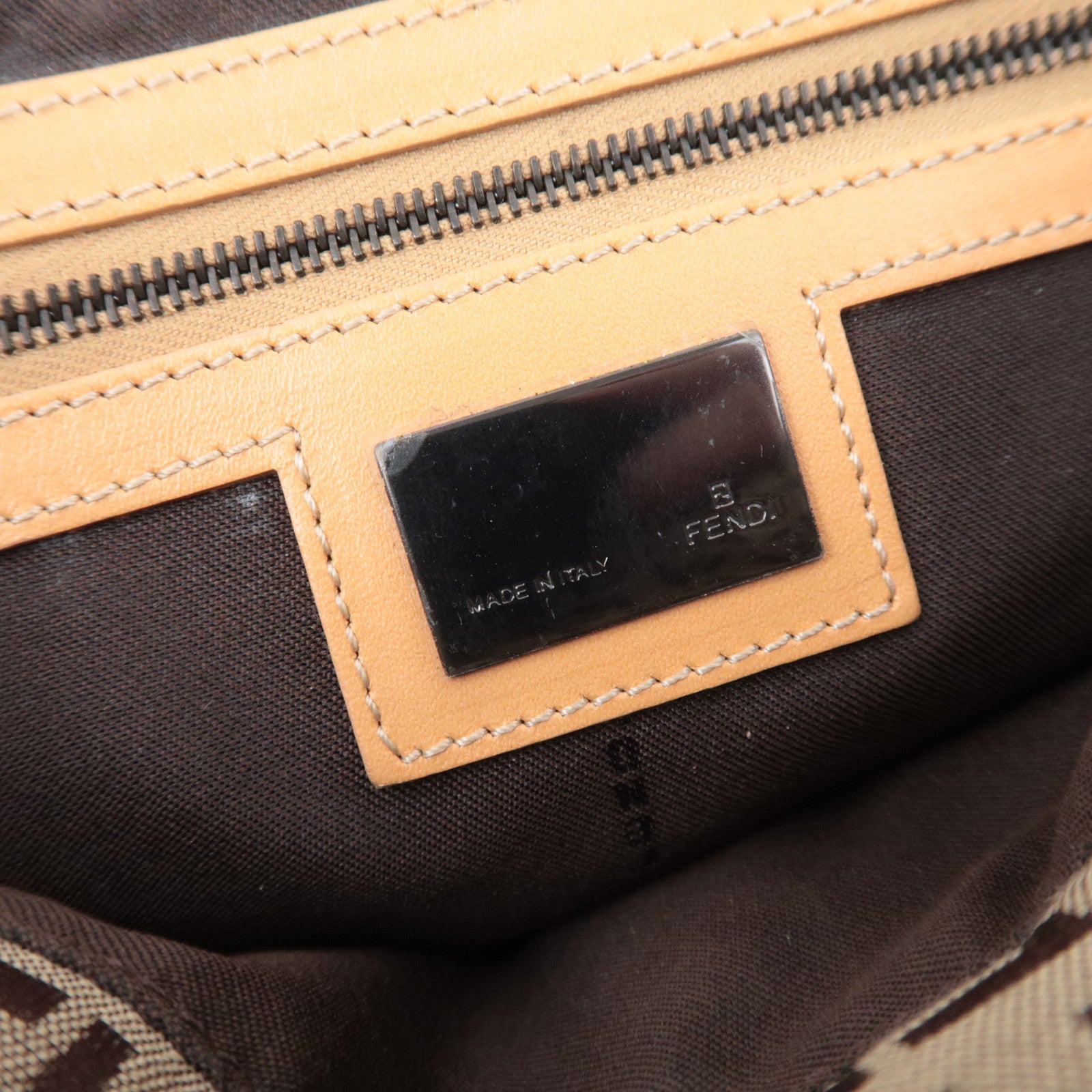 FENDI Zucchino Canvas Leather Handbag Beige