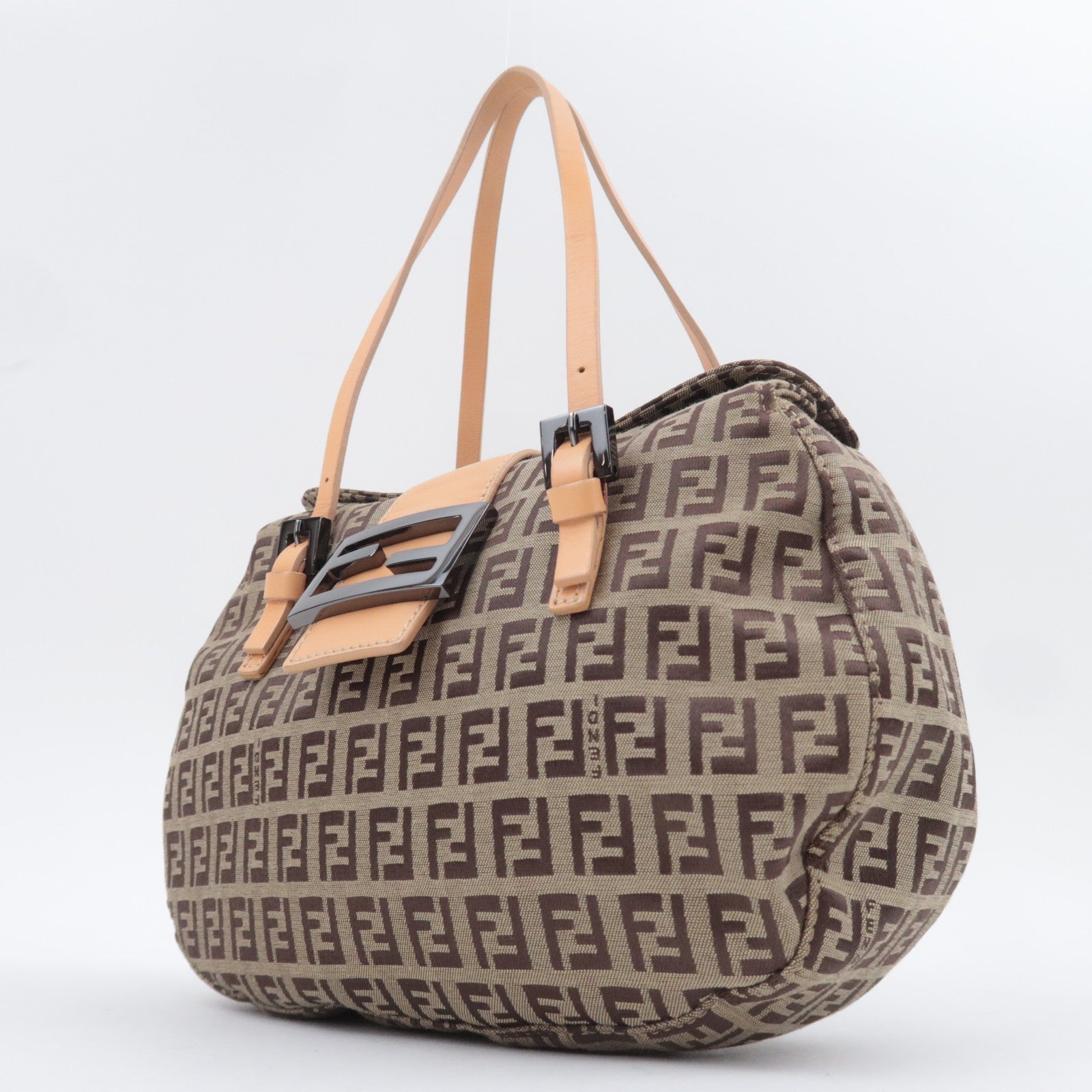 FENDI Zucchino Canvas Leather Handbag Beige
