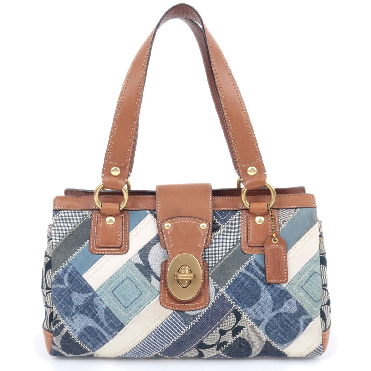 COACH Patchwork Denim Leather Tote Bag Navy Brown 1221692229