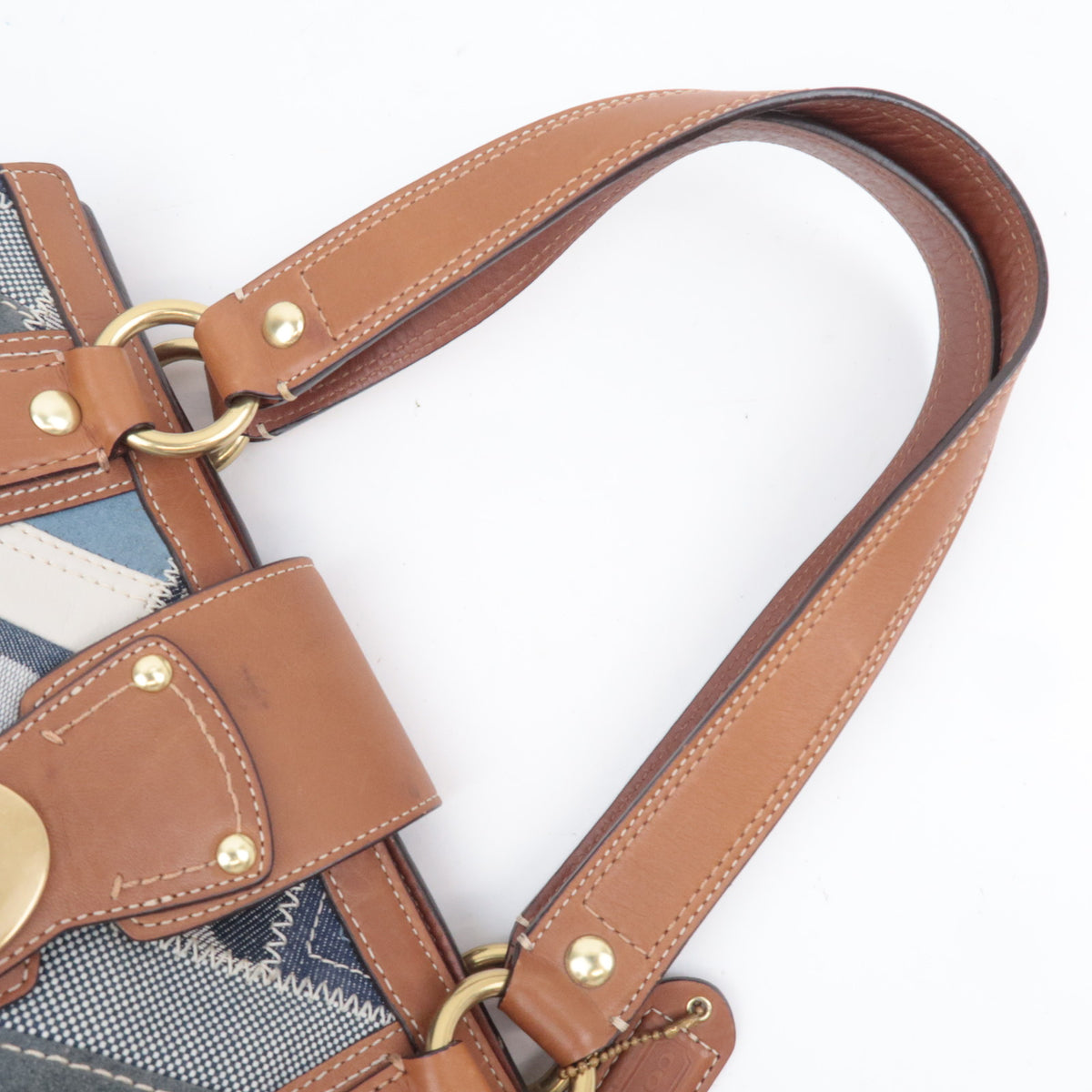 COACH Patchwork Denim Leather Tote Bag Navy Brown 12216