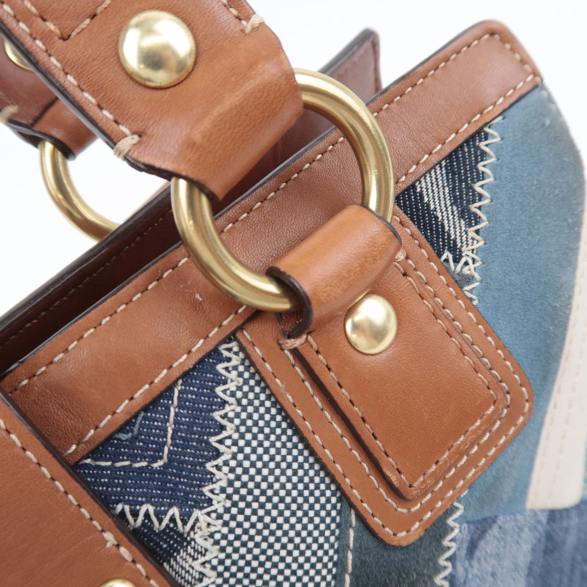 COACH Patchwork Denim Leather Tote Bag Navy Brown 12216