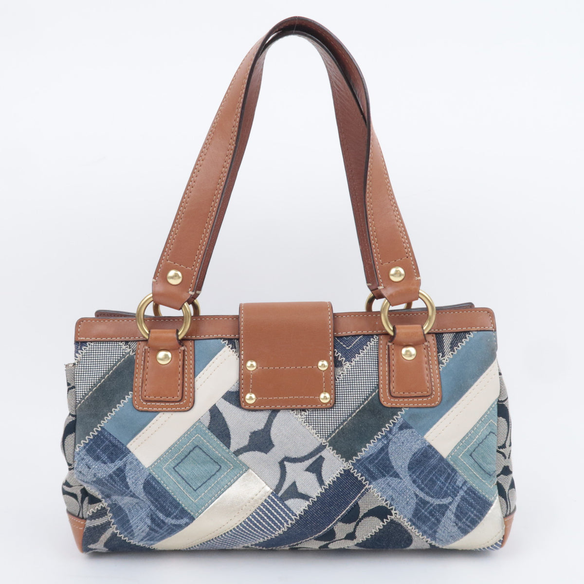 COACH Patchwork Denim Leather Tote Bag Navy Brown 12216
