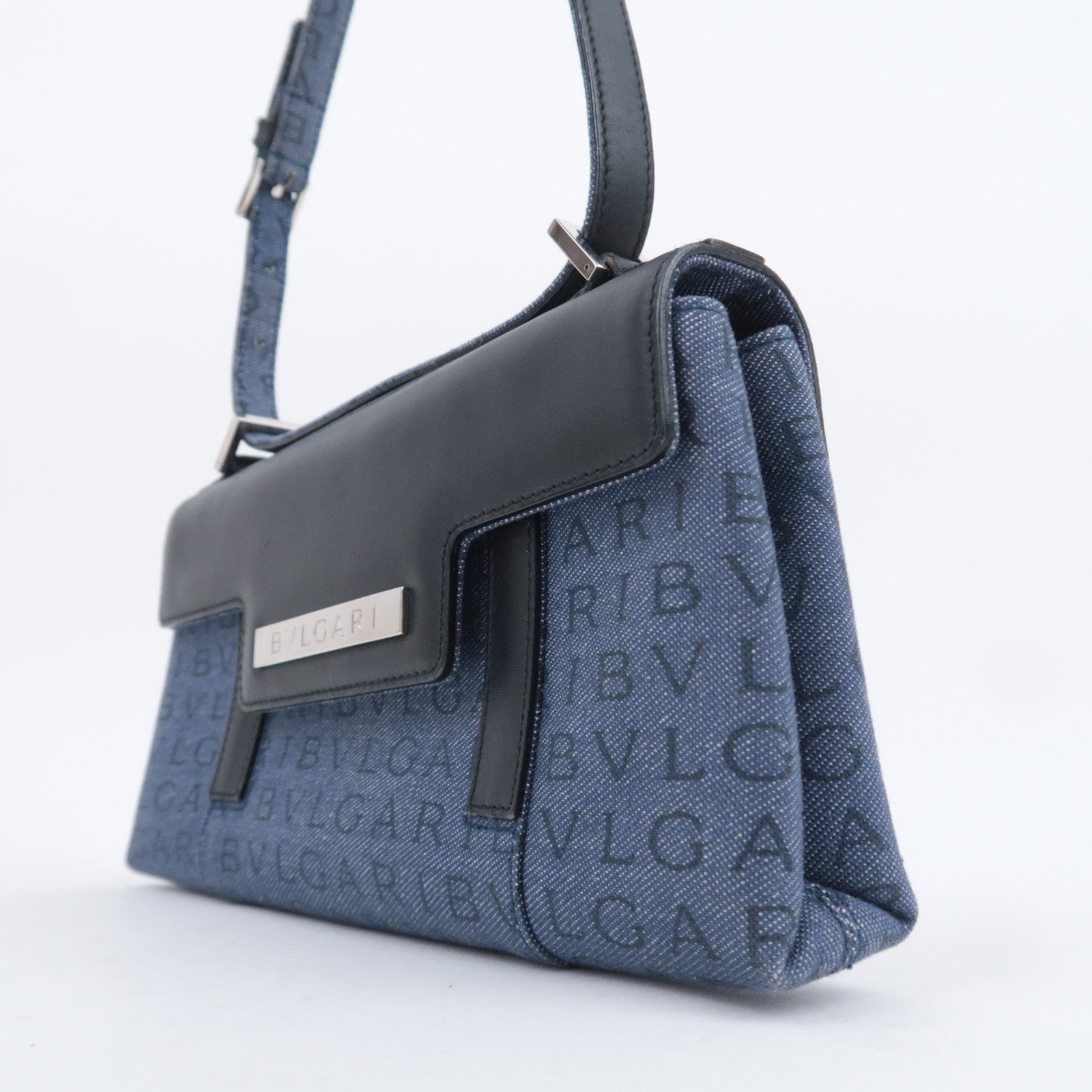 BVLGARI Logo Mania Denim Leather Shoulder Bag Blue