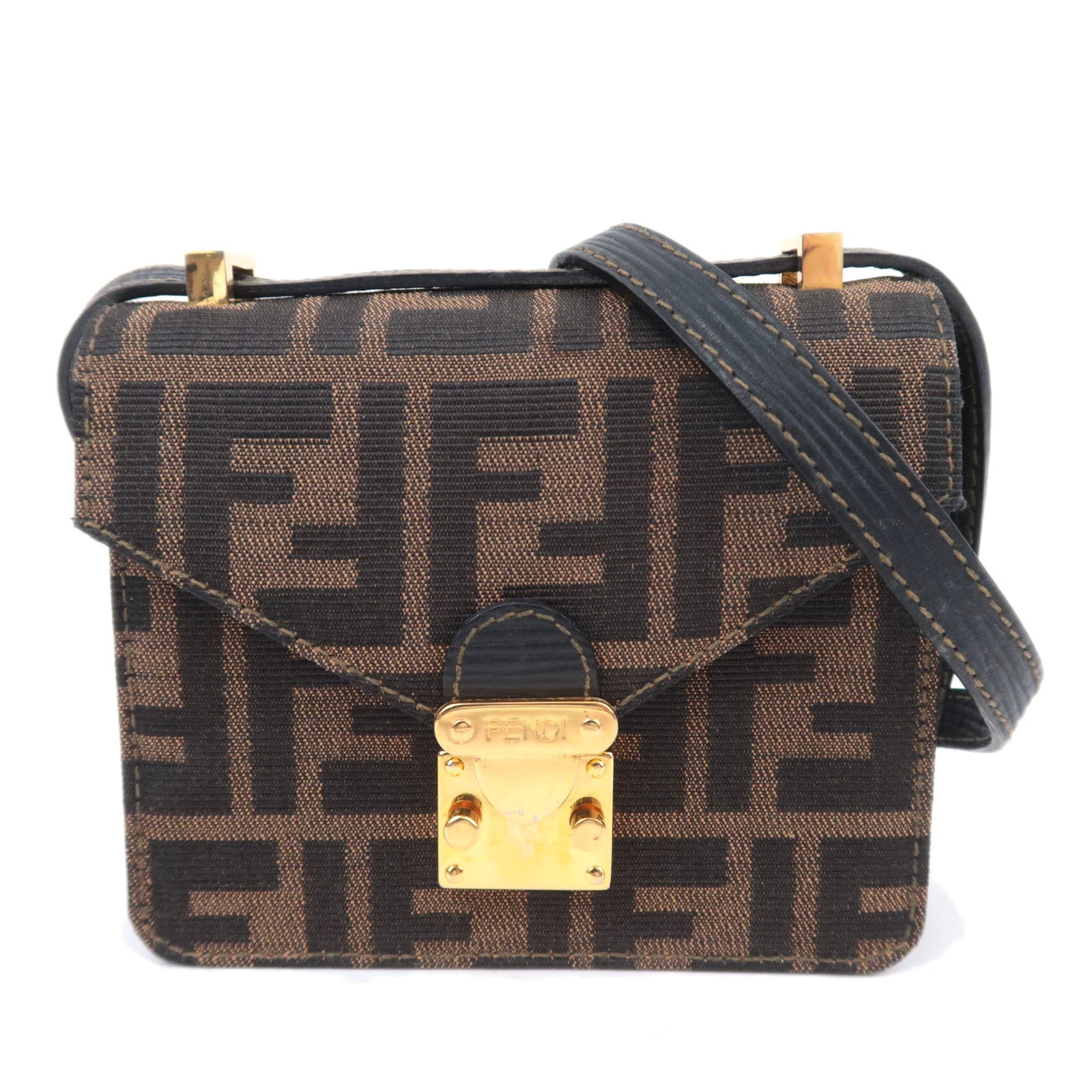 FENDI Zucca Canvas Leather Shoulder Bag Brown Black92248