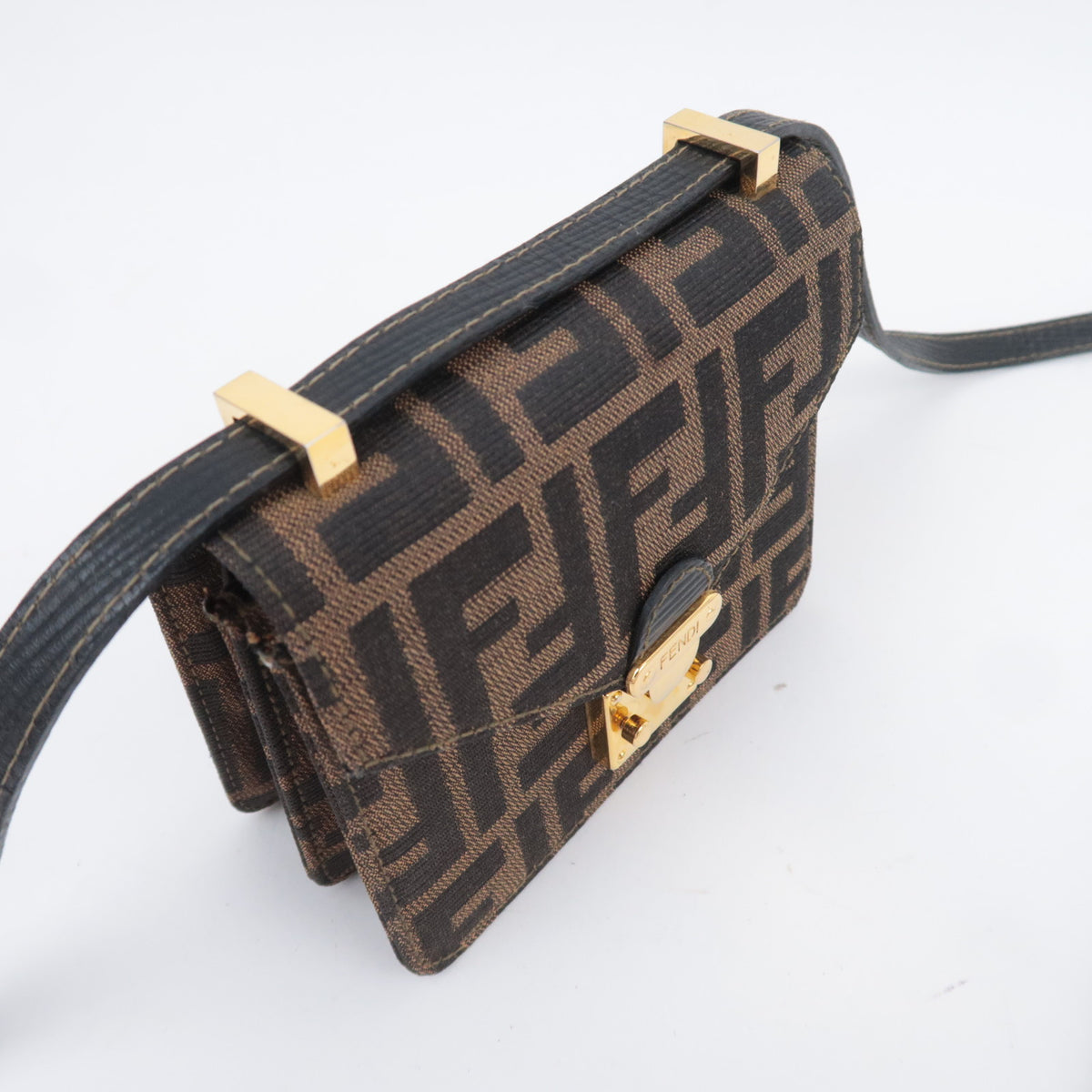 FENDI Zucca Canvas Leather Shoulder Bag Brown Black