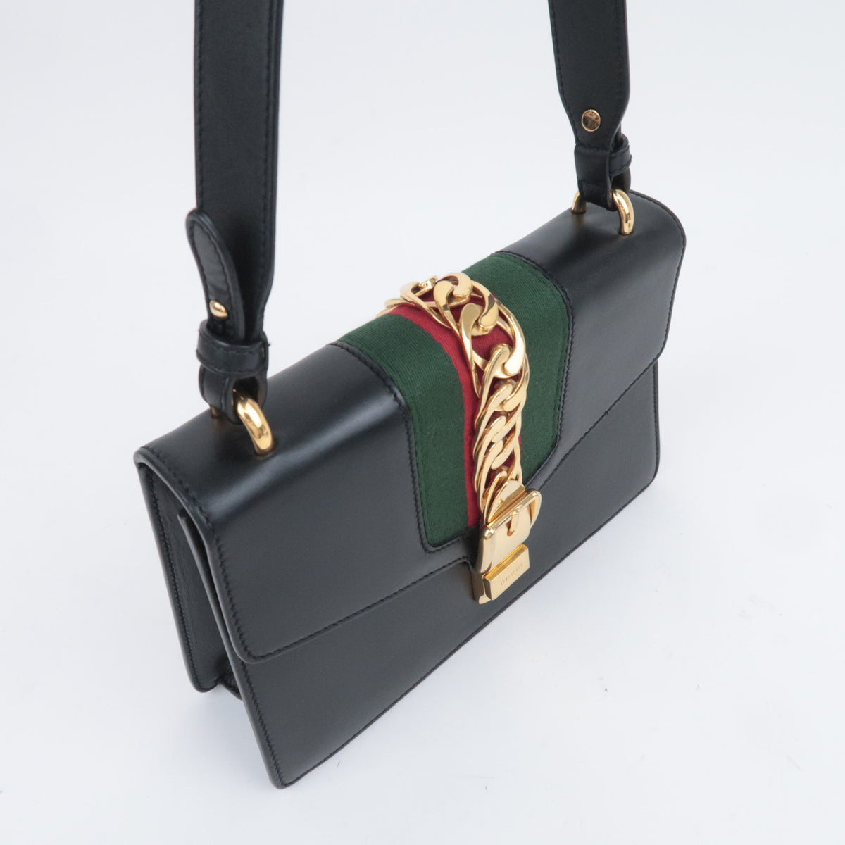 GUCCI Sherry Sylvie Web Leather Shoulder Bag Black 421882