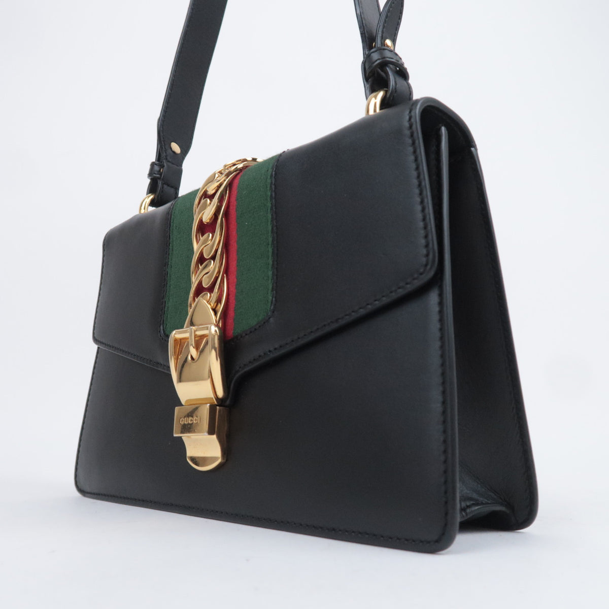 GUCCI Sherry Sylvie Web Leather Shoulder Bag Black 421882