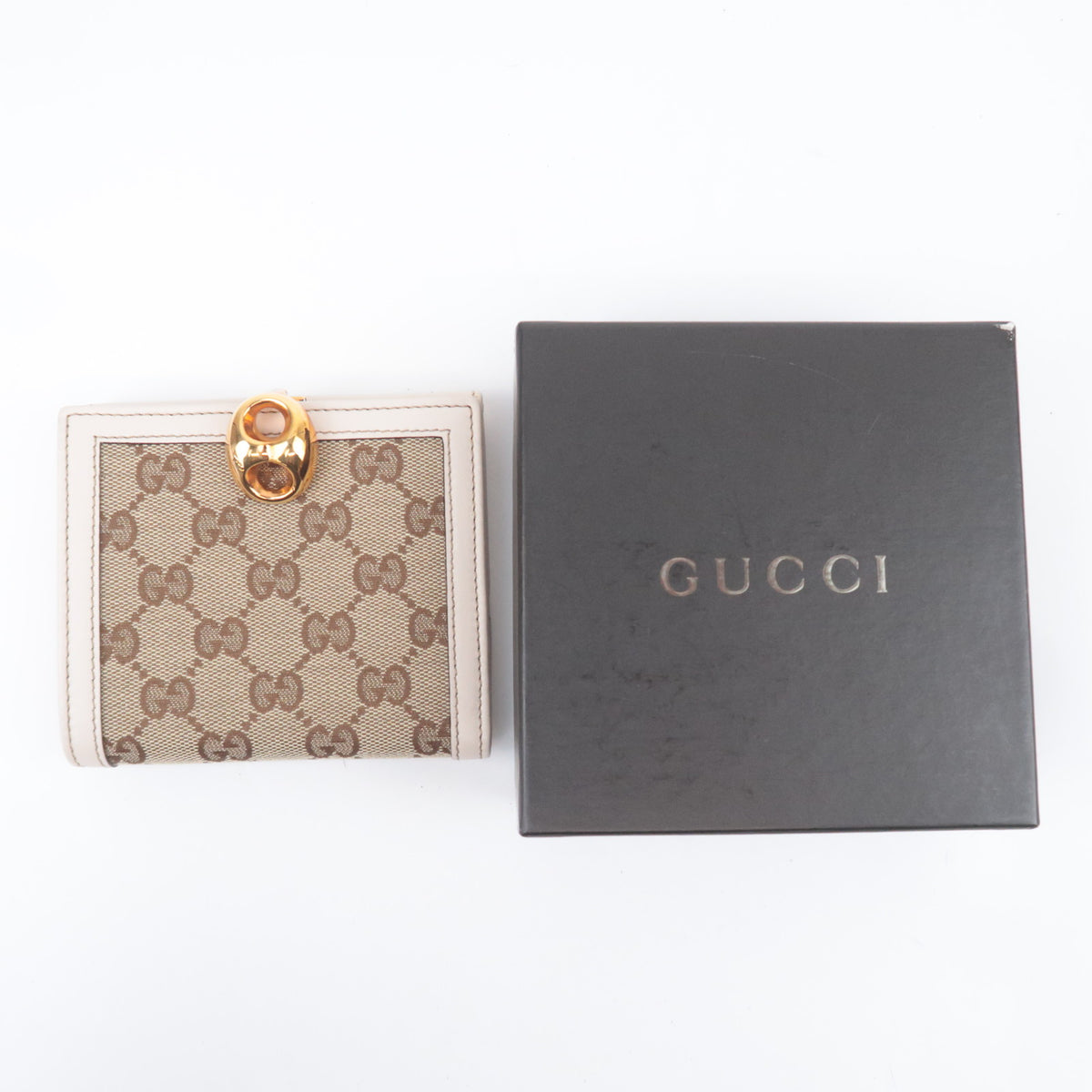 GUCCI GG Canvas Bi-Fold Wallet Beige Ivory Gold Clasp 159917