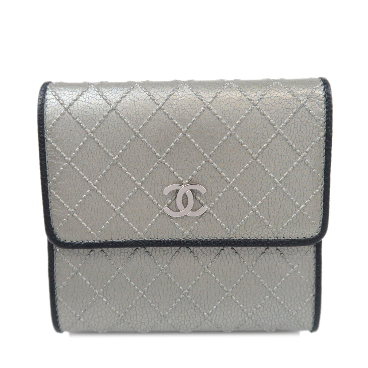 CHANEL Bicolore Leather Double Snap Wallet Silver92716