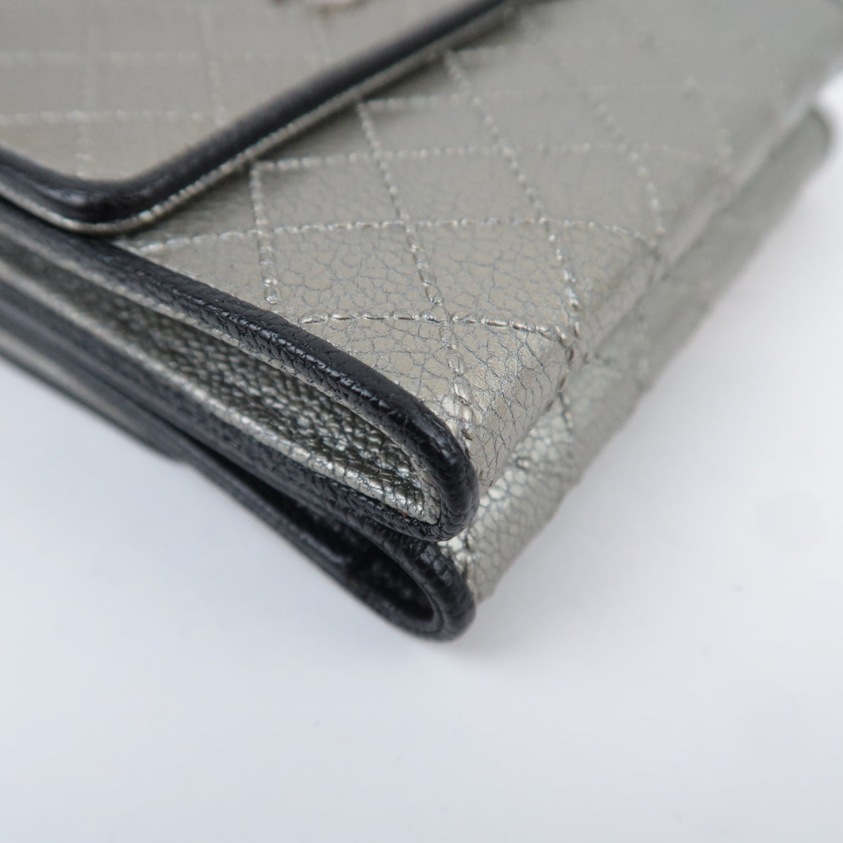 CHANEL Bicolore Leather Double Snap Wallet Silver