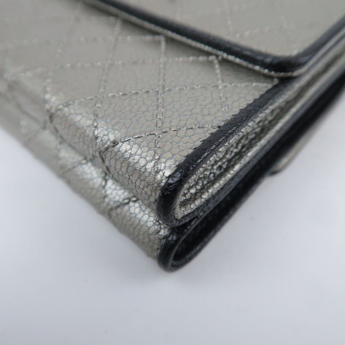 CHANEL Bicolore Leather Double Snap Wallet Silver