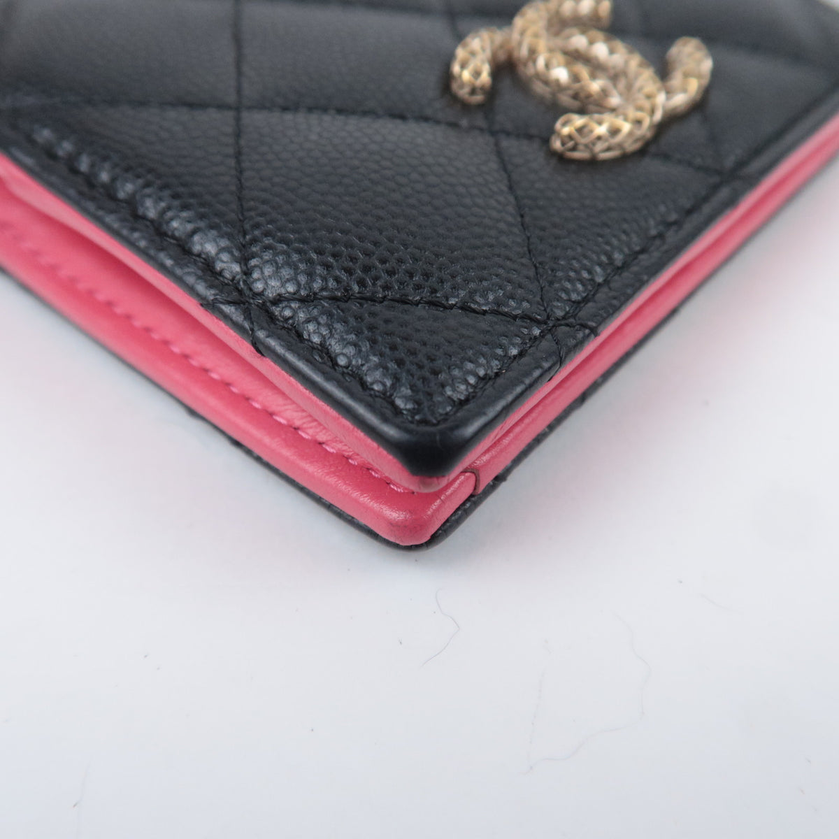CHANEL Coco Mark Matelasse Bi-Fold Wallet Caviarskin Black Gold HDW