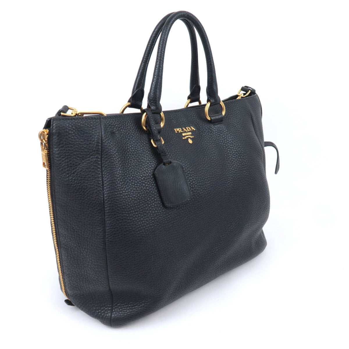 PRADA 2Way Leather Side Zip Handbag Black