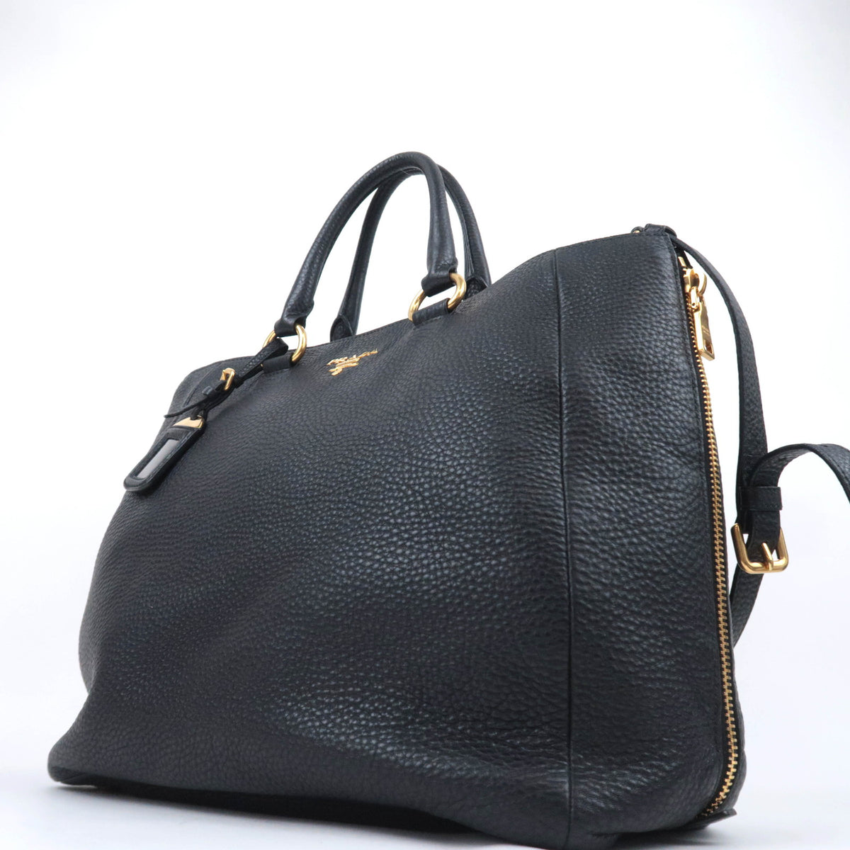 PRADA 2Way Leather Side Zip Handbag Black