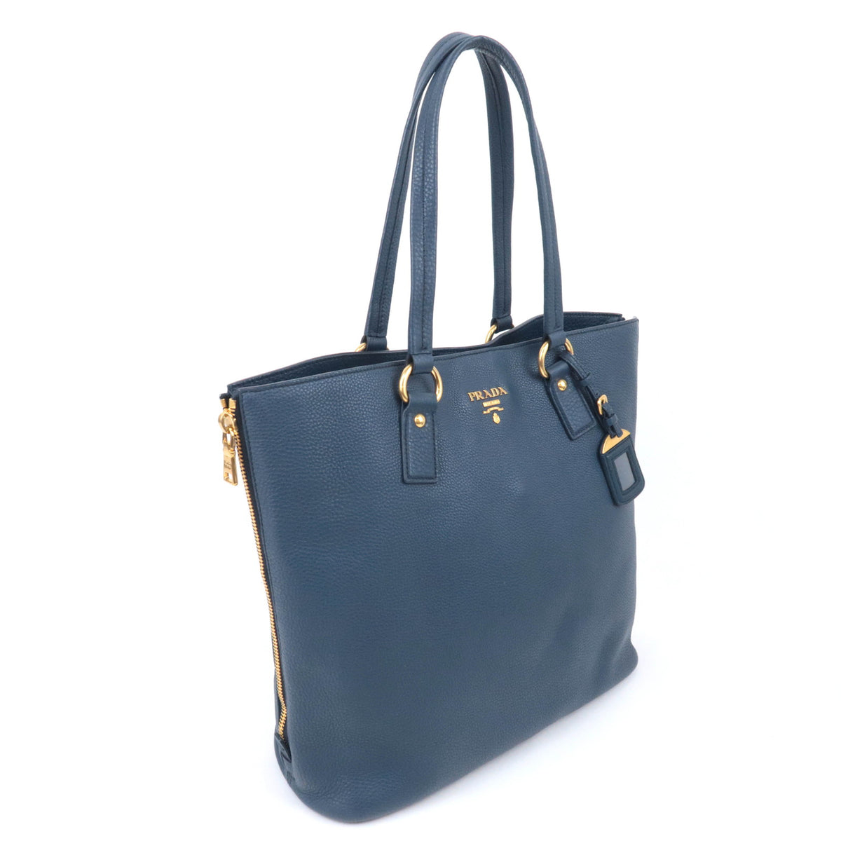 PRADA Leather Side Zip Tote Bag Navy BR4372
