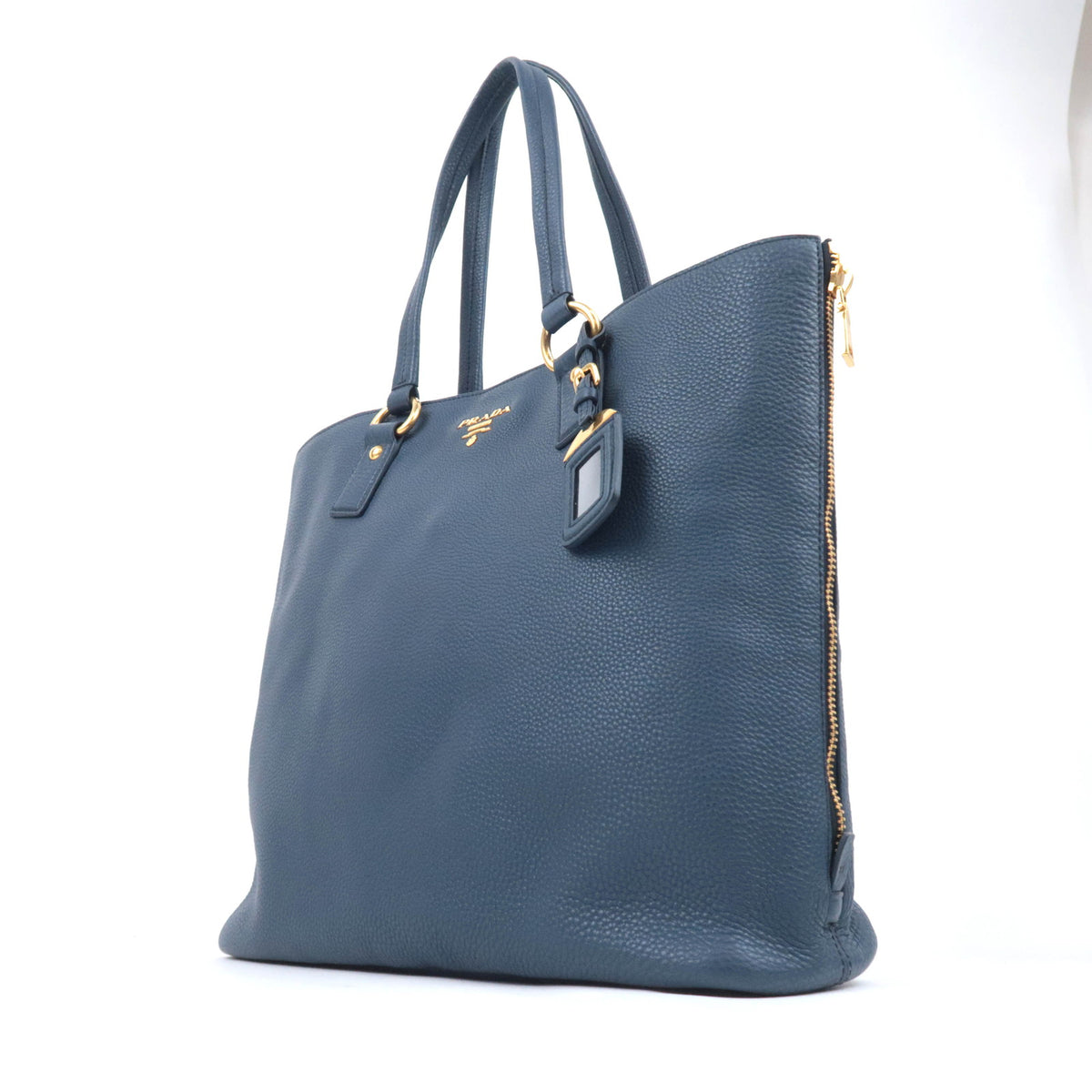 PRADA Leather Side Zip Tote Bag Navy BR4372