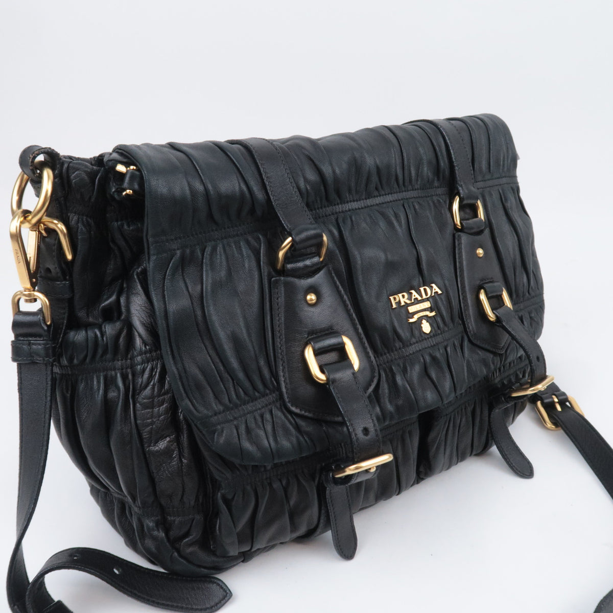 PRADA Gathered Leather Crossbody Flap Bag Black