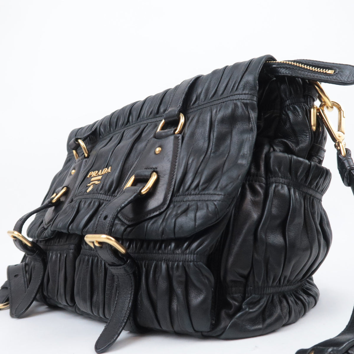 PRADA Gathered Leather Crossbody Flap Bag Black