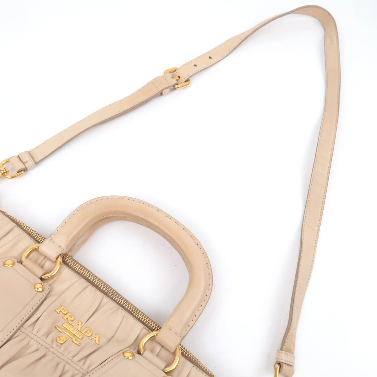 PRADA Gathered Leather 2Way Handbag Beige
