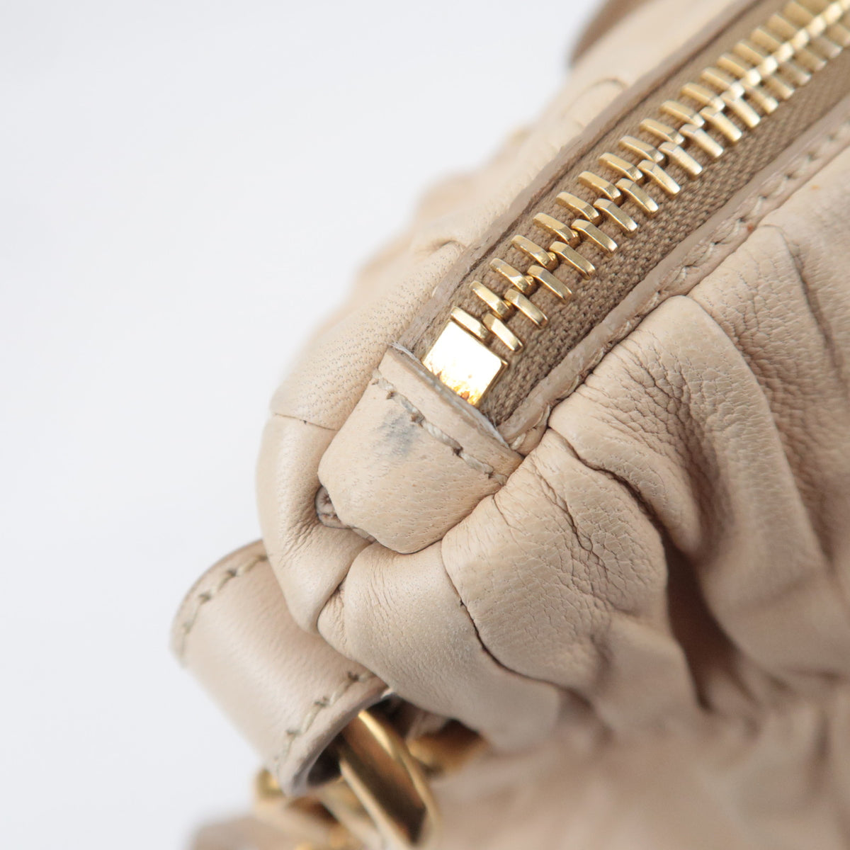 PRADA Gathered Leather 2Way Handbag Beige