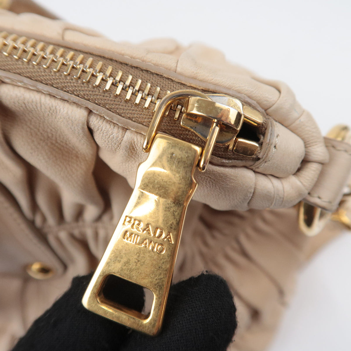 PRADA Gathered Leather 2Way Handbag Beige