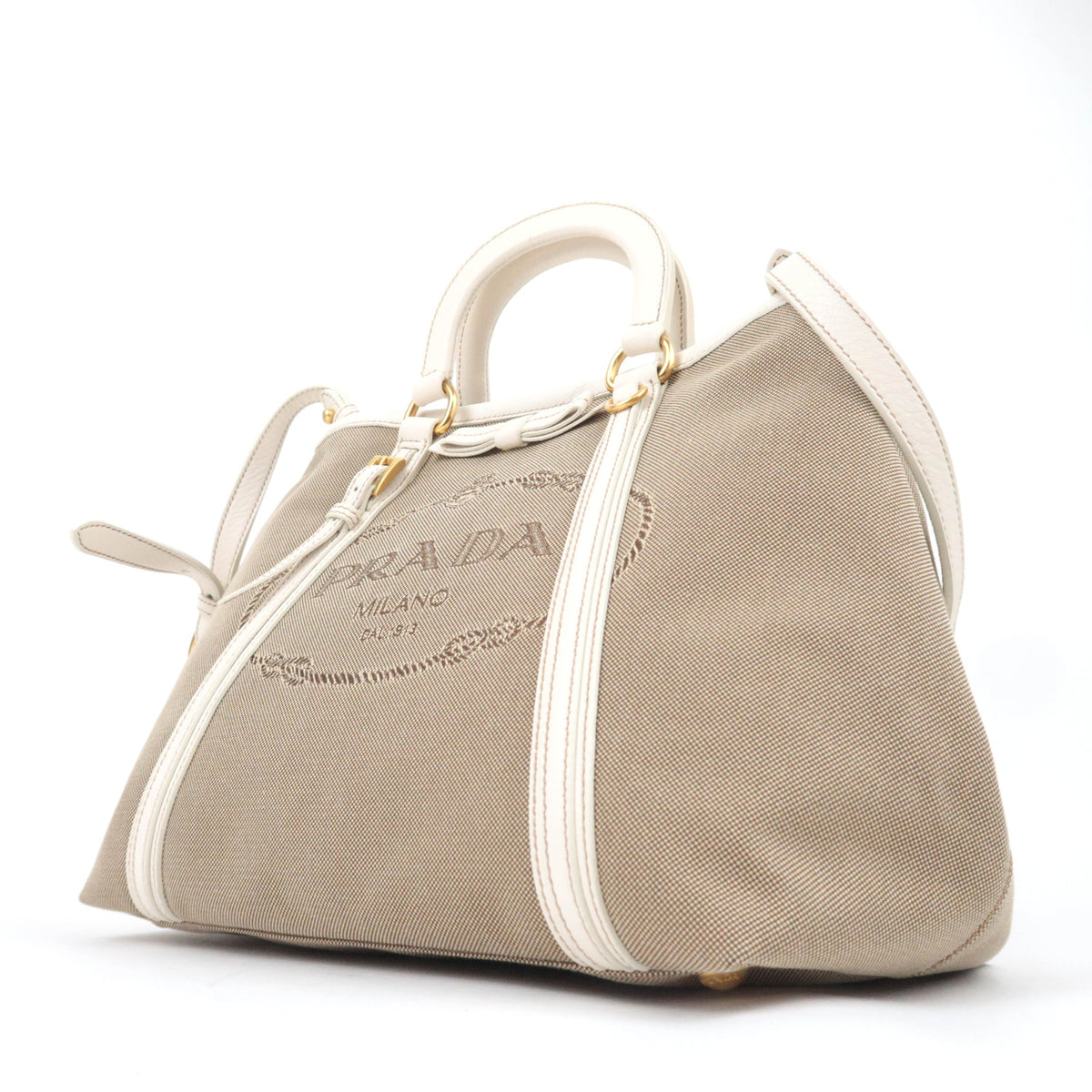 PRADA Logo Jacquard 2Way Handbag Beige BN1671