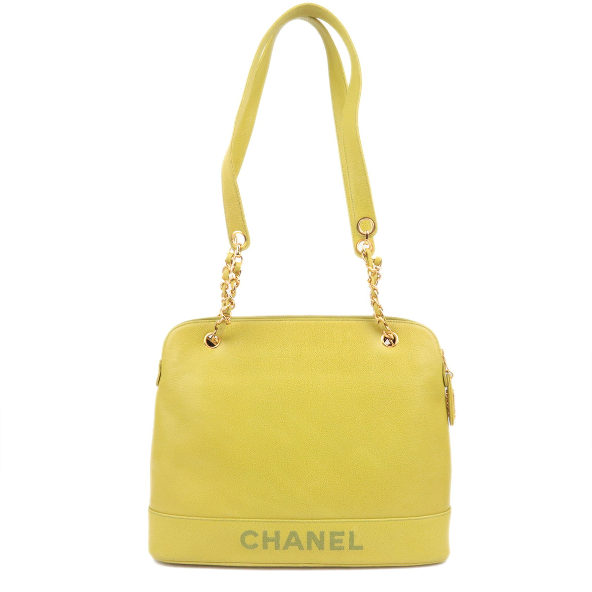 CHANEL Logo Chain Tote Bag Caviarskin