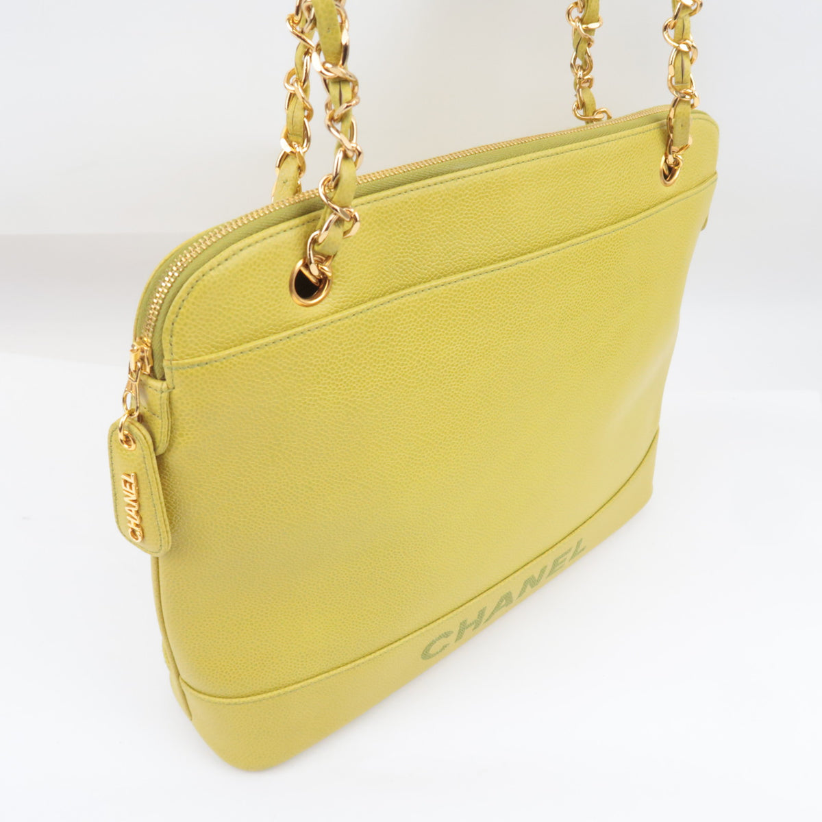CHANEL Logo Chain Tote Bag Caviarskin