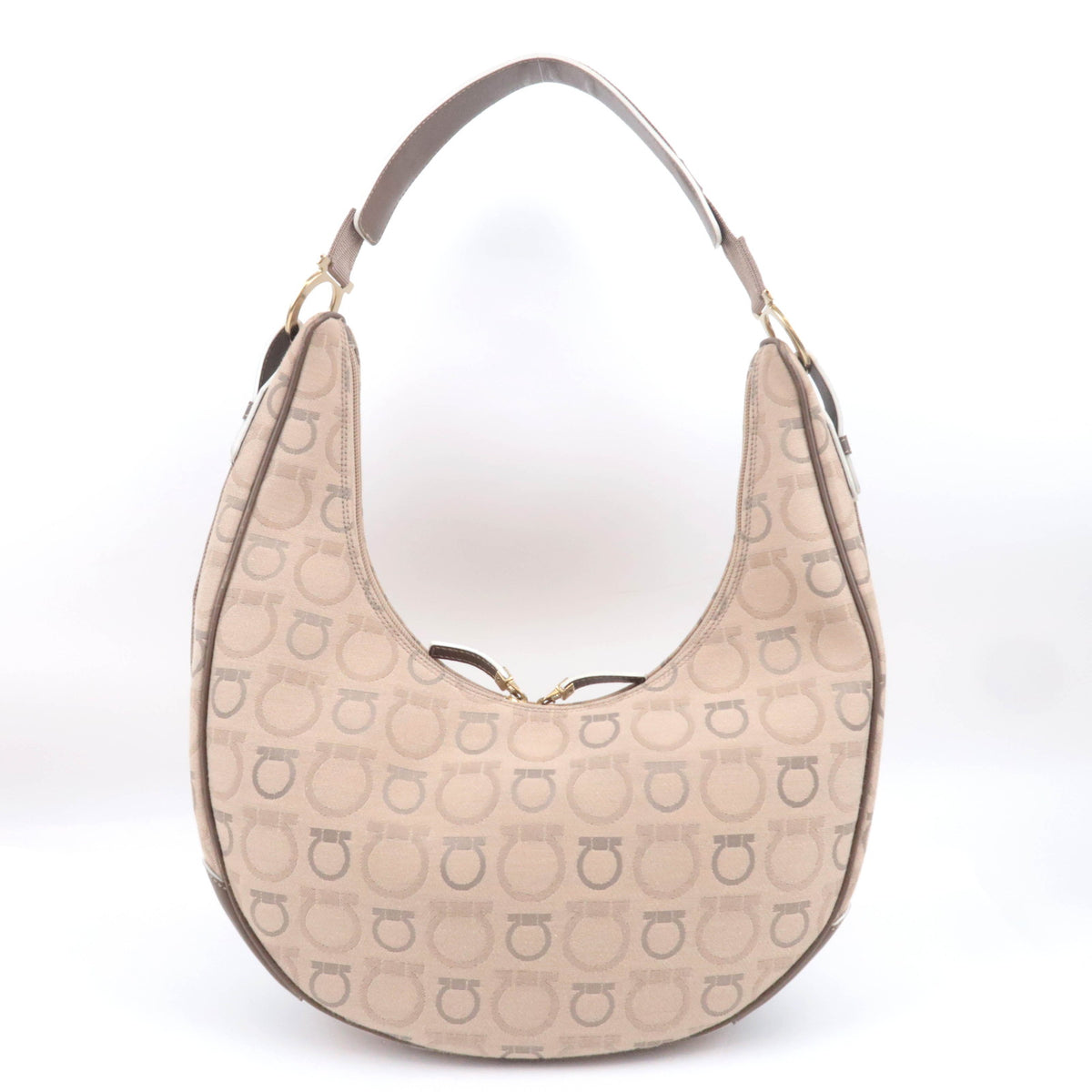 Ferragamo Gancini Canvas Crescent Shape Hobo Bag Beige