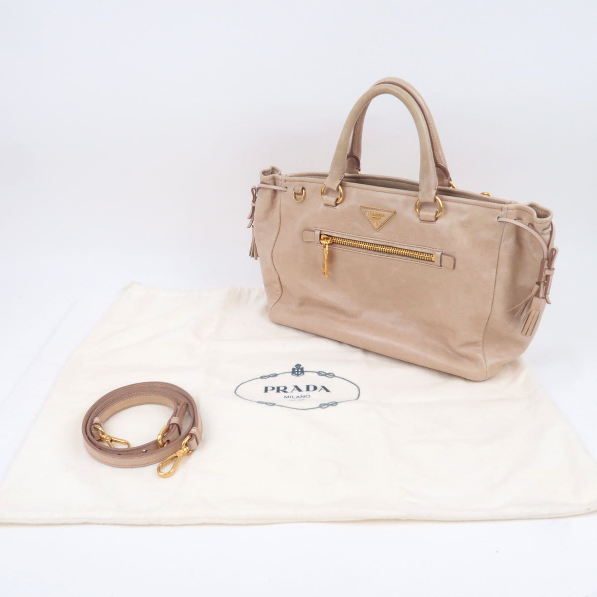 PRADA 2Way Leather Handbag Beige