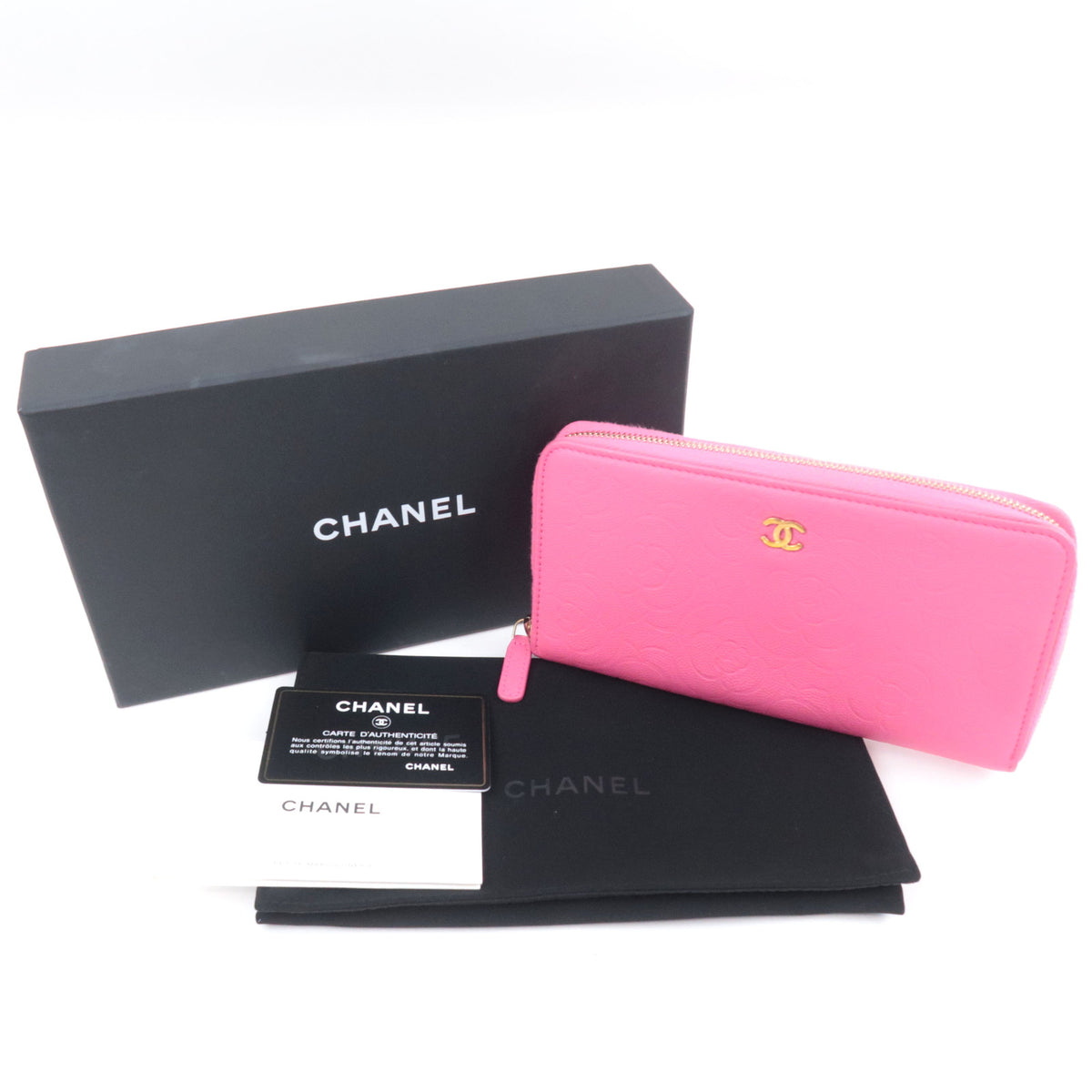 CHANEL Camellia Zip Around Leather Long Wallet