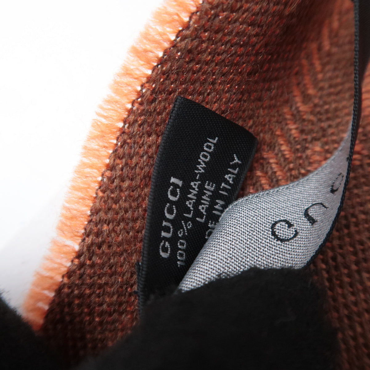 GUCCI GG Print Fringe Scarf 100% Wool Orange