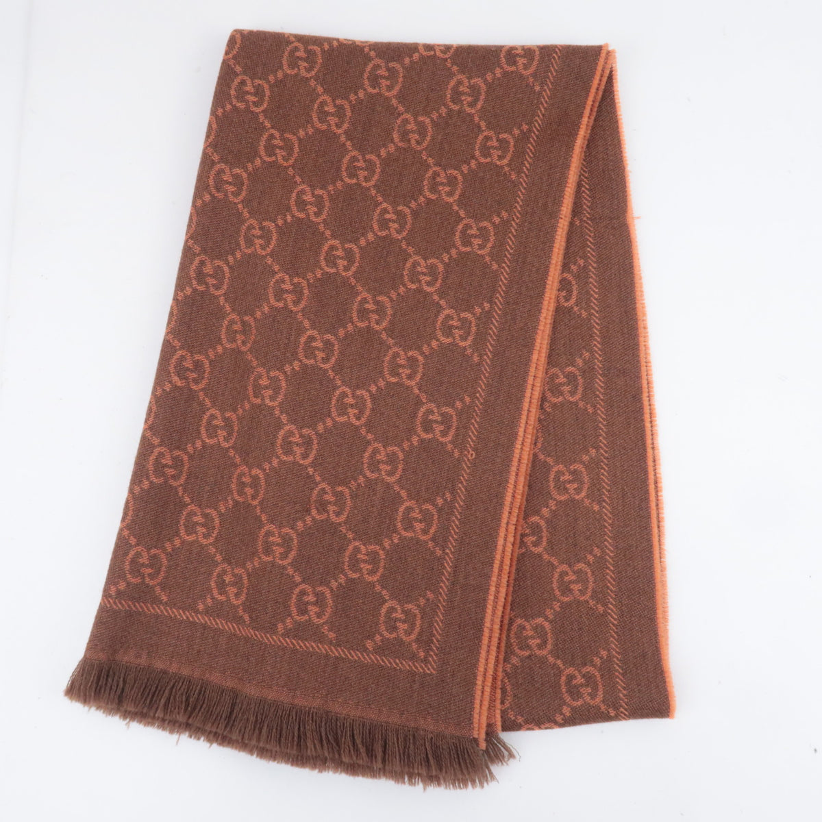 GUCCI GG Print Fringe Scarf 100% Wool Orange